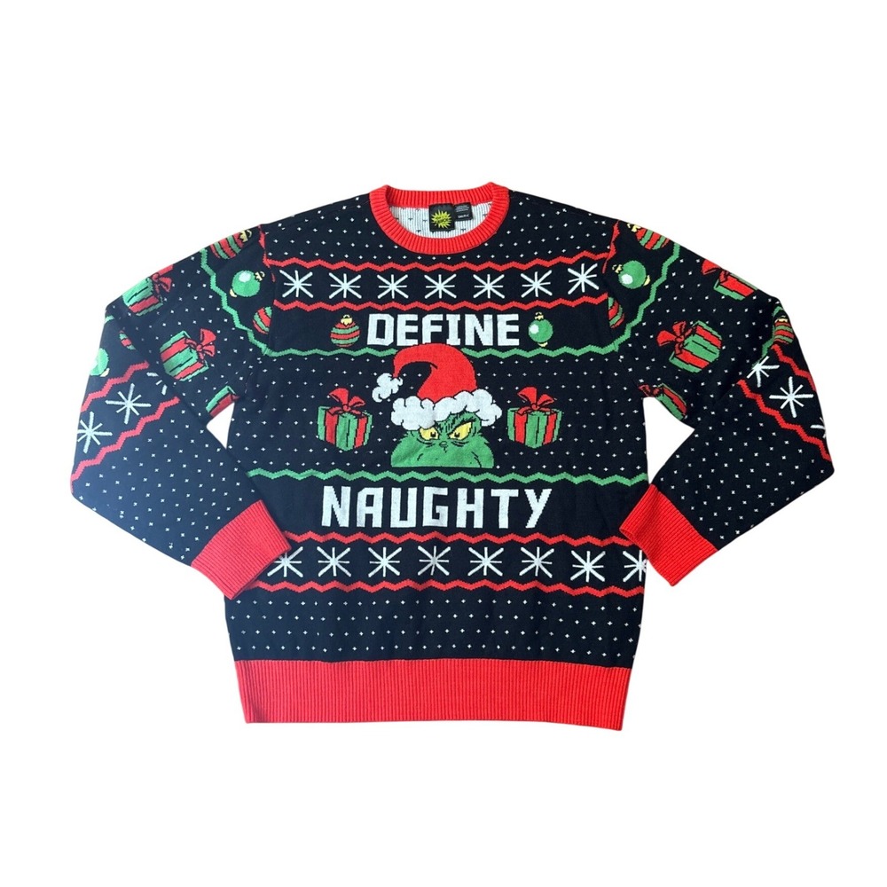 Dr. Seuss The Grinch Sweater Mens Black Define Naughty Christmas SIZE Small